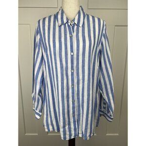 J Jill Love Linen XL Blue White Striped Button Down Shirt 100% Linen Tunic